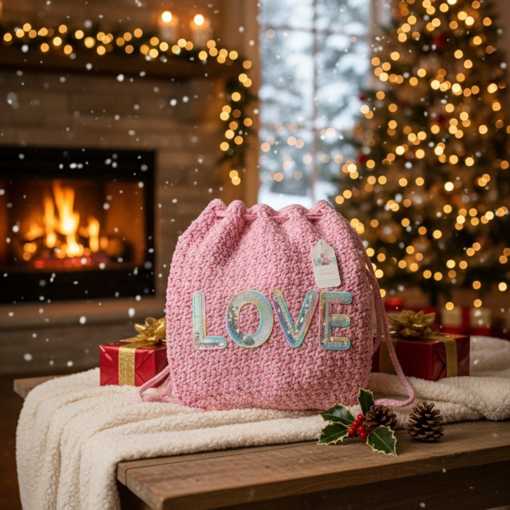 Girls Pink & Metallic Crochet Backpack | Handmade Sparkly Kids Bag